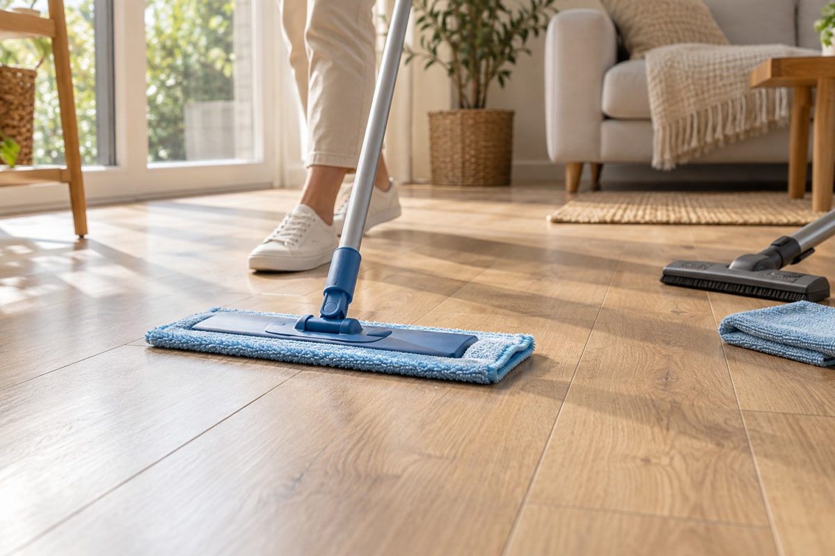 Ahşap görünümlü parkede mikrofiber mop ile hafif nemli temizlik, temsili görsel