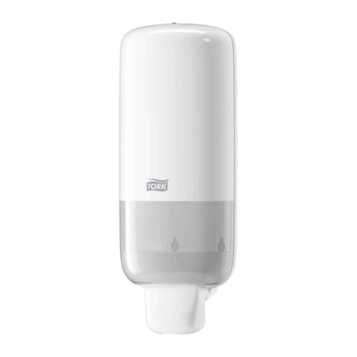 a white and grey soap dispenser