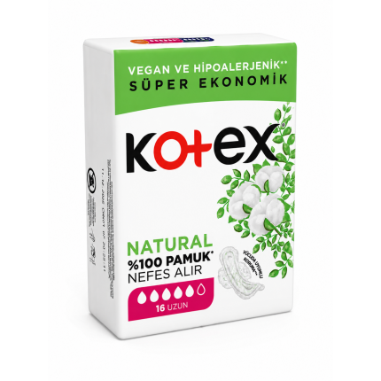 Kotex Ultra Natural Uzun Ped 16'lı %100 Pamuk Üst Yüzey