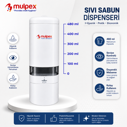 Mulpex 480 ml sıvı sabun dispenseri beyaz duvara monte model