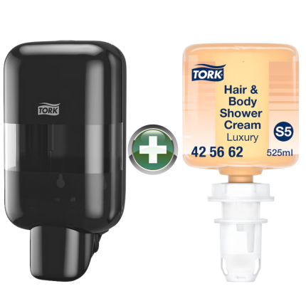 Tork Mini S5 Siyah Sıvı Sabun ve Dezenfektan Dispenseri 565208 yanında 525 ml Premium Şampuan hediyeli