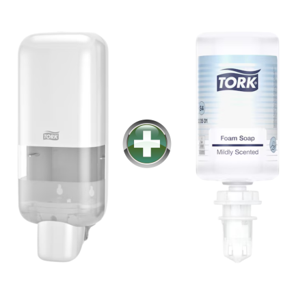 Tork S4 sabun dispenseri 564500 beyaz ve 520501 Premium Köpük Sabun 1 litre
